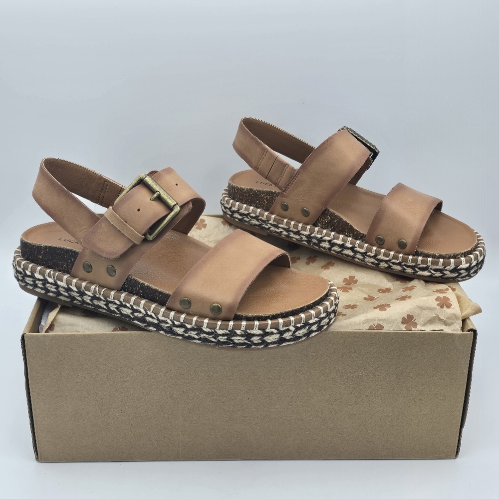 NIB Lucky Brand Umora Slingback Espadrille Platform Sandals, Brown Latte Leather